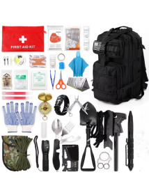 Complete rugzak met alles wat je nodig hebt tijdens noodgevallen. Bevat onder andere een schep, EHBO-kit, thermotent, regenkleding en een zakmes. 